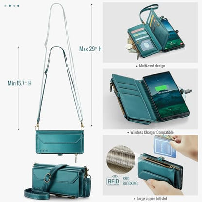 for Samsung Galaxy S25 Ultra Wallet Case with Card Holder, Green | RFID Blocking Slots, Crossbody Lanyard, Wrist Strap, Zipper Pocket Purse Handbag, Magnetic Closure - color: Green, size: Galxay S25 Ultra