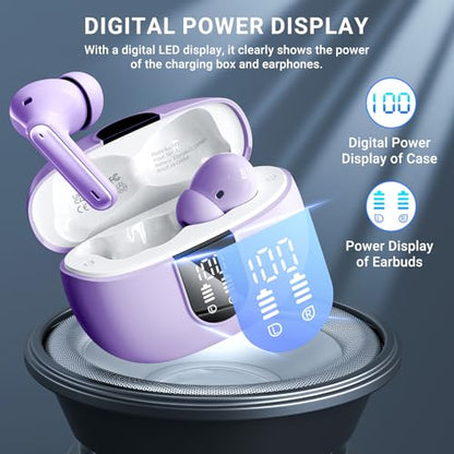 Wireless Earbuds, 2025 Wireless Headphones HiFi Stereo Earphones with 4 ENC Noise Canceling Mic, 42Hs Playtime In Ear Earbud, Bluetooth 5.3 Sport Earphones with LED Power Display for Android iOS - color: Purple