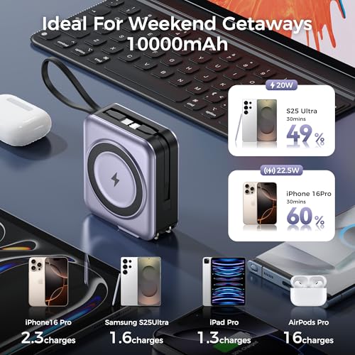 10000mAh Portable Charger Power Bank Built in Cables&Wall Plug - color: Silver Gray