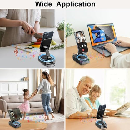 Hupoaf Adjustable Cell Phone Stand with Wireless Induction Bluetooth Speaker, HD Surround Sound for Home and Outdoors, Compatible with iPhone/iPad/Samsung Galaxy, Popular Gifts for Men Women Dad Mom