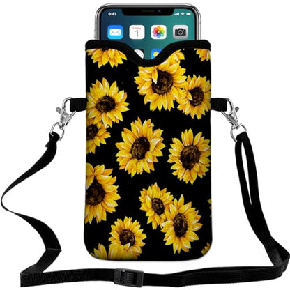 Universal Neoprene Cell Phone Pouch 7.1 X 4 in Mobile Protection Case Bag with Crossbody Strap/Neck Lanyard Sunflower Printed Pattern - color: Sunflower Printed Pattern