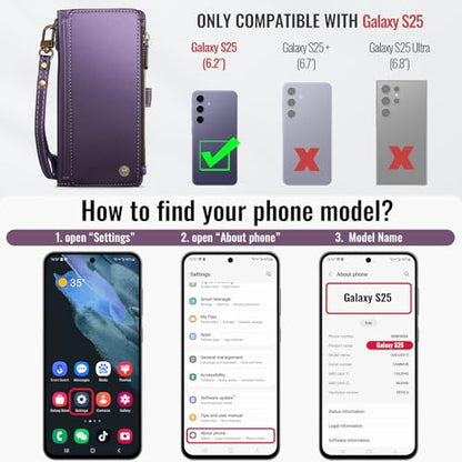 Defencase for Samsung Galaxy S25 Wallet Case with RFID Card Holder, Purple | Durable Soft PU Leather, with Zipper Pocket, Wrist Strap, Fashion Snap Flip S25 Phone Cases Cover with Stand for Women Men - color: Aesthetic Purple