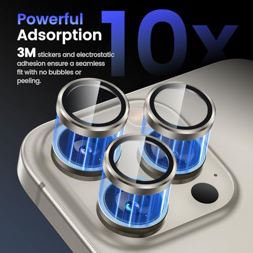 Tensea Camera Lens Protector for iPhone 15 Pro/Pro Max, 9H Tempered Glass, Metal Ring for 6.1/6.7 inch - color: Titanium