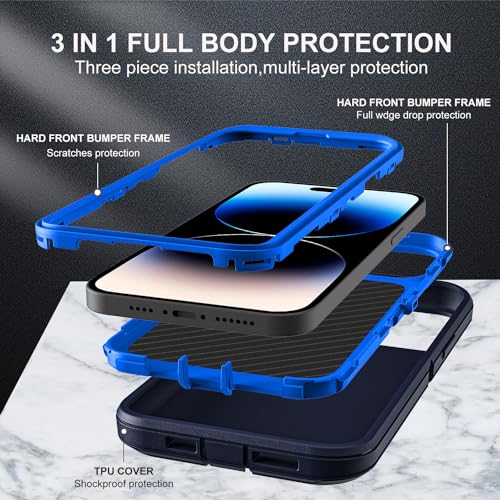 YKHJKLEC for iPhone 14 Pro Case, Military Grade 3 in 1 Heavy Duty Shockproof/Drop Proof/Dust Proof Case with 2Pcs Tempered Glass Screen Protector (Navy Blue) - color: Navy Blue