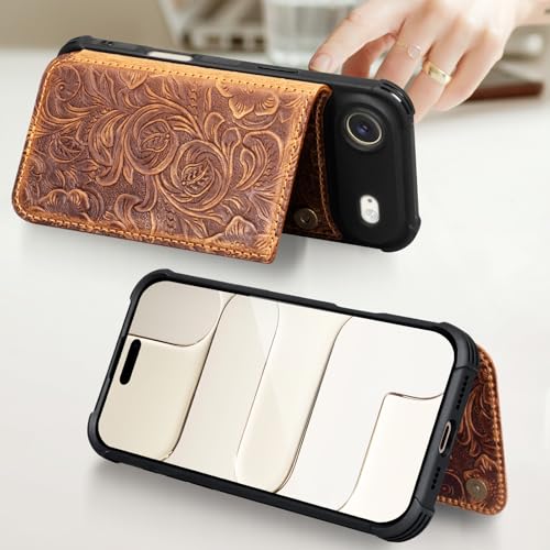 Wallet Real Leather Case Compatible with iPhone 17 Air 6.5" Brown | Genuine Leather,Shockproof, Anti-Fall Case,Flip Cover,with Card Slot,Double Magnetic Buckle,Kickstand,RFID Blocking Brown - color: Brown, size: 6.5"-17 Air