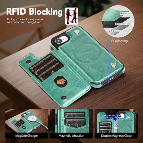 SkyEagle Compatible with MagSafe iPhone 17e / 16e Case Wallet,Green | Magnetic Clasp,RFID Blocking,PU Leather,Flip Folio Shockproof Phone Cover,with Credit Card Slots & Kickstand for Men & Women - color: Green