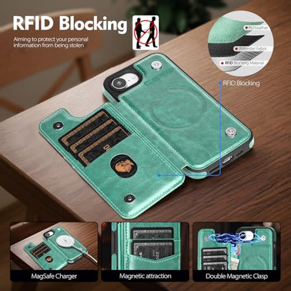SkyEagle Compatible with MagSafe iPhone 17e / 16e Case Wallet,Green | Magnetic Clasp,RFID Blocking,PU Leather,Flip Folio Shockproof Phone Cover,with Credit Card Slots & Kickstand for Men & Women - color: Green