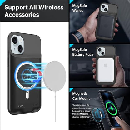 Wireless Charging Case for iPhone 15, 10000mAh High Capacity Portable Rechargeable Protective Battery Case Wireless Charging Compatible with iPhone 15 (6.1 inch) Extended Battery Charger Case (Black) - size: iPhone 15