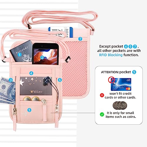 WALNEW Passport Holder Neck Pouch Travel Wallet for Women and Men, RFID Blocking Security Slim Traveling Wallet with Around Neck Lanyard Strap, Pink - color: Pink
