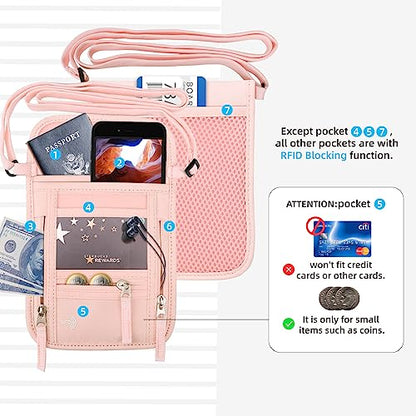 WALNEW Passport Holder Neck Pouch Travel Wallet for Women and Men, RFID Blocking Security Slim Traveling Wallet with Around Neck Lanyard Strap, Pink - color: Pink