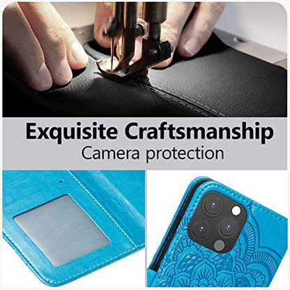 EYZUTAK Case for iPhone 13 Pro, Premium PU Leather Magnetic Flip Wallet Case with Card Holder Cash Slot Lanyard Strap Kickstand Function Embossed Mandala Flower Pattern Shockproof Cover - Blue - color: Blue, size: iPhone 13 Pro