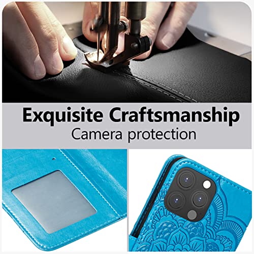 EYZUTAK Case for iPhone 13 Pro Max, Premium PU Leather Magnetic Flip Wallet Case with Card Holder Cash Slot Lanyard Strap Kickstand Function Embossed Mandala Flower Pattern Shockproof Cover - Blue - color: Blue, size: iPhone 13 Pro Max
