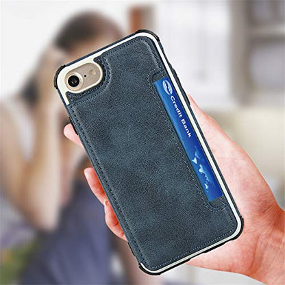 iCoverCase Compatible with iPhone SE(2022)/SE(2020)/7/8/6/6s Wallet Case with Card Slots Holder and Wrist Strap Premium PU Leather Kickstand Magnetic Clasp Shockproof Flip Cover Case (Blue) - color: Blue