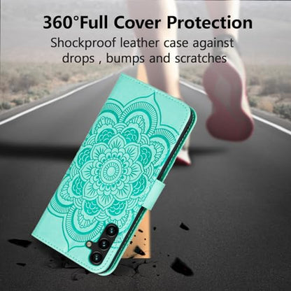 EYZUTAK Case for Samsung Galaxy A15 4G/5G, Premium Leather Magnetic Closure Flip Wallet Phone Case with Card Holder Cash Slot Stand Function Embossed Mandala Flower Shockproof Lanyard Cover - Green - color: Green, size: Samsung Galaxy A15 4G/5G