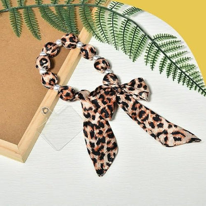 Phone Wrist Strap Lanyard Pearl Scarf Phone Wristlet Strap for Women Bag Chain Keychain - color: Leopard