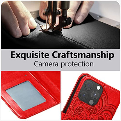 EYZUTAK Case for iPhone 13 Pro Max, Premium PU Leather Magnetic Flip Wallet Case with Card Holder Cash Slot Lanyard Strap Kickstand Function Embossed Mandala Flower Pattern Shockproof Cover - Red - color: Red, size: iPhone 13 Pro Max