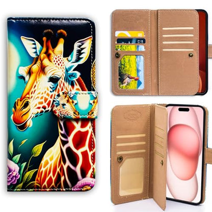 Bcov Case for iPhone 16,Giraffe Flowers Multifunction Leather Phone Case Wallet Flip Cover with Multi Card Slots Pocket Wrist Strap for Apple iPhone 16 - color: Giraffe Flowers
