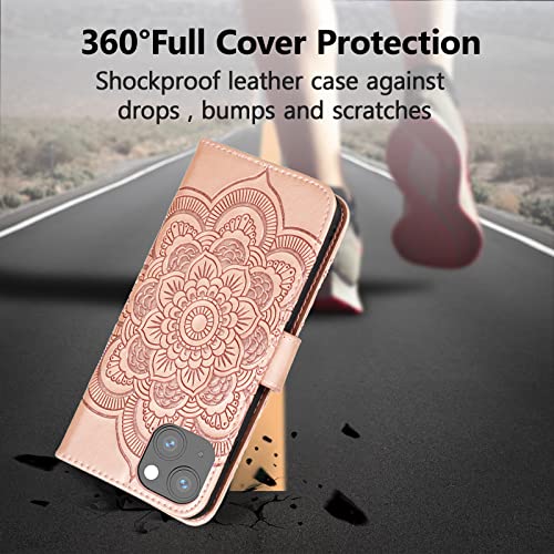 EYZUTAK Case for iPhone 14 Plus, Premium PU Leather Magnetic Flip Wallet Case with Card Holder Cash Slot Lanyard Strap Kickstand Function Embossed Mandala Flower Pattern Shockproof Cover - Rose Gold - color: Rose Gold, size: iPhone 14 Plus