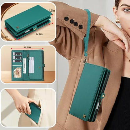 for Wallet Case Compatible with iPhone 11,Multi-Function Detachable 2 in 1 Magnetic iPhone 11 Wallet,Flip Strap Zipper Card Holder Phone Case with Shoulder Straps (Green) - color: Green, size: iPhone 11