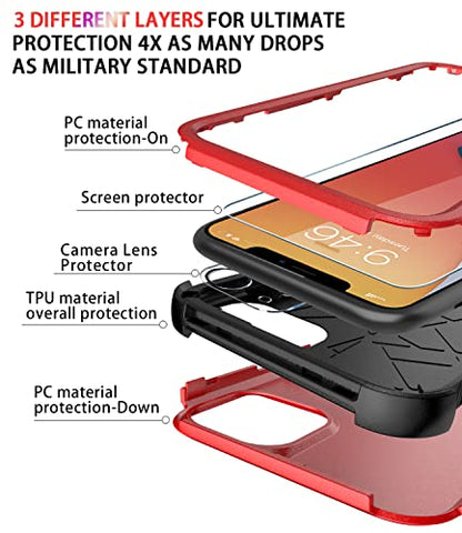 Diverbox for iPhone 11 Case [Shockproof] [Dropproof] [Tempered Glass Screen Protector],Heavy Duty Protection Phone Case Cover for Apple iPhone 11 (Red-3in1) - color: Red-3in1