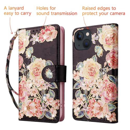 UEEBAI Wallet Case for iPhone 13, PU Leather Phone Cover Kickstand RFID Blocking Flip Case Card Slots Wrist Strap Relief Engraved Pattern Magnetic Closure Flower Folio Wallet, Black Rose - color: Black Rose, size: iPhone 13