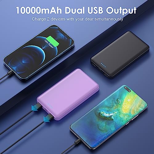 [2 Pack] Portable Charger Power Bank 10000mAh,Ultra Slim Compact External Battery Pack with USB C Input & Dual USB Outputs Backup Charger Compatible with iPhone 14,13, Samsung S20,Tablet-Black+Purple - color: Black+Purple