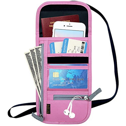 Travel Neck Wallet, RFID Blocking Passport Holder with Adjustable Neck Strap for Men and Women to Keep Cash, Credit Cards and Travel Documents Safe - Pink - color: Pink