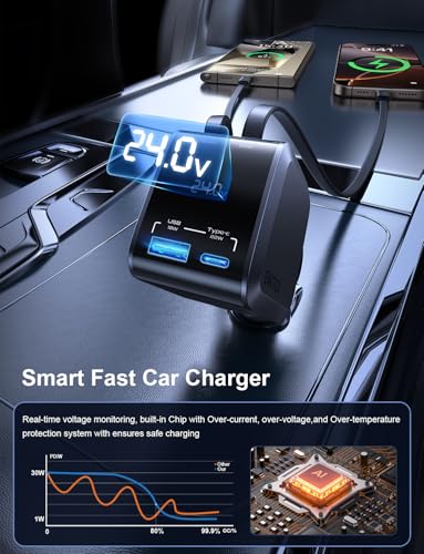 EWITGO Retractable Car Charger, Car Accessories, 72W Fast Charging USB C Car Charger with 4FT Retractable Cables and 2 Ports, for iPhone 16 15 14 13 12, Samsung etc Warm Grey