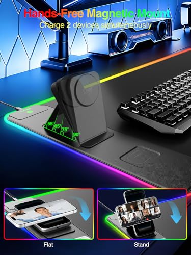 Wireless Charging Mouse Pad with Magnetic Phone Stand, 31.5"x15.8" Large - color: RGB-Mag Stand