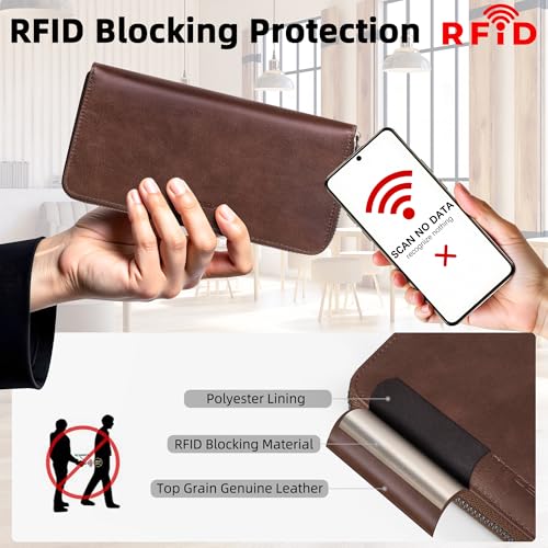 VISOUL Leather Long Zipper Pouch Wallet for Men and Women with RFID Blocking, Large Clutch Cash Long Wallet with Zipper (Brown) - color: Brown