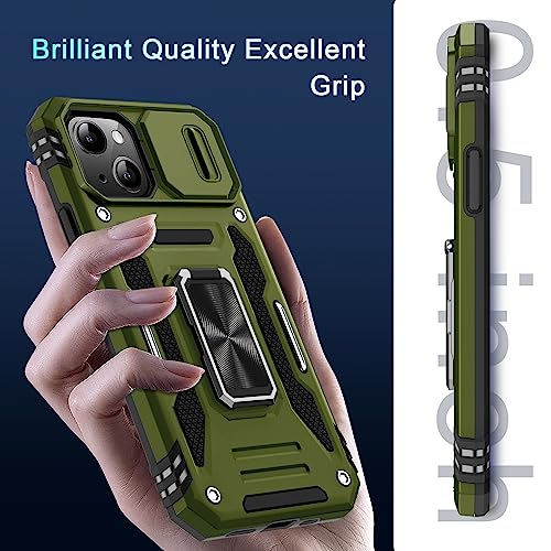 DEERLAMN Case for iPhone 13/iPhone 14 6.1-Inch with Slide Camera Cover+Screen Protector(2 Packs),Rotated Ring Kickstand Military Grade Shockproof Protective Cover-Olive Green - color: Olive Green
