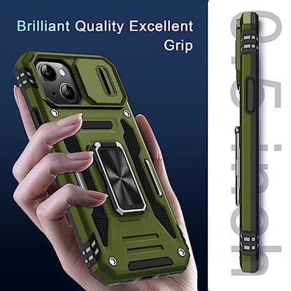 DEERLAMN Case for iPhone 13/iPhone 14 6.1-Inch with Slide Camera Cover+Screen Protector(2 Packs),Rotated Ring Kickstand Military Grade Shockproof Protective Cover-Olive Green - color: Olive Green