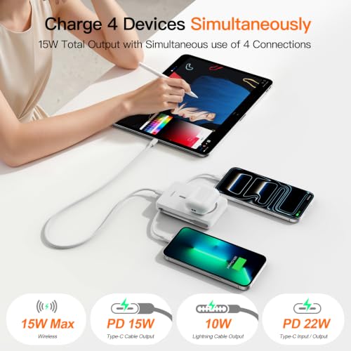 Magnetic Portable Charger 10000mAh, 22.5W Power Bank with Built in Cable - color: white