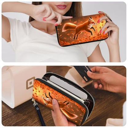 Ladies Wallet,Clutch Purses for Women Wallets Leather Credit Card Holder for Women Wristlet Slim Small Cute with Zipper,Thin RFID Blocking with Wrist Strap,Cute Fox Leaf - color: Cute Fox Leaf