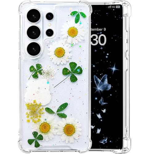 [Real Dried Flower] for Samsung Galaxy S26 Ultra Case Clear Glitter Dried Pressed Flower Case for Galaxy S26 Ultra Cute Soft Silicone TPU Bling Sparkle Women Girls Floral Cover(Daisy & Leaf) - color: Daisy, size: for Galaxy S26 Ultra