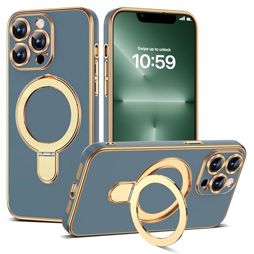 Compatible with iPhone 13 Pro Case with Magnetic Ring Stand [Compatible with Mag-Safe] [Full Camera Lens Protector] Soft Plating Phone Case for iPhone 13 Pro 6.1", Grey Blue - color: Grey Blue, size: Iphone 13 Pro