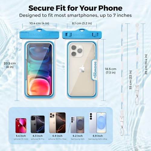 SEAWAG Next Waterproof Phone Pouch, IPX8 Dry Bag for iPhone 16 15 14 13 Pro Max & Samsung Galaxy S25 S24 — Underwater Case, Full Touchscreen, Lanyard, Beach Pool Snorkeling, 1 Pack Blue - color: 1Pack BlueWhite