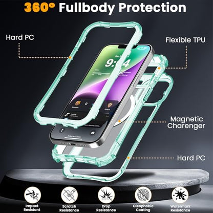 WRJ Magnetic Clear for iPhone 13 Case,iPhone 14 Case,[Compatible with MagSafe][Military Grade Drop Protection] Transparent Full Body Shockproof Protective Phone Case-Mint Green - color: Mint Green, style: Transparent