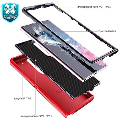YmhxcY for Galaxy S22 Ultra Case with Self Healing Flexible TPU Film[2 Pack] and Lens Protective Film[2 Pack], Heavy Protection Cover for Galaxy S22 Ultra （6.8“）-Red and Black - color: Red and black