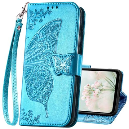 for Samsung Galaxy A17 5G Phone Case Wallet,Blue | Butterfly Embossed PU Leather, Credit Card Holders, Wrist Strap, Magnetic Closure, Flip Protective Purse Cover for Women Men - color: Blue
