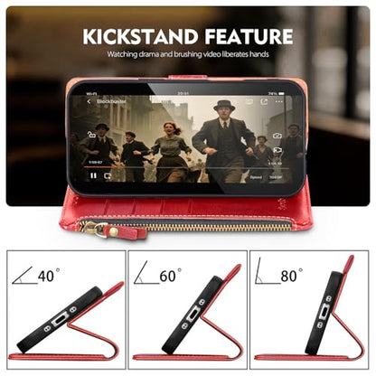 Compatible with iPhone 17e / 16e Wallet Case with Card Holder RFID Blocking Zipper Poket PU Leather Flip Phone Case with Wrist Strap Credit Card Slots Men Women,Red - color: Red
