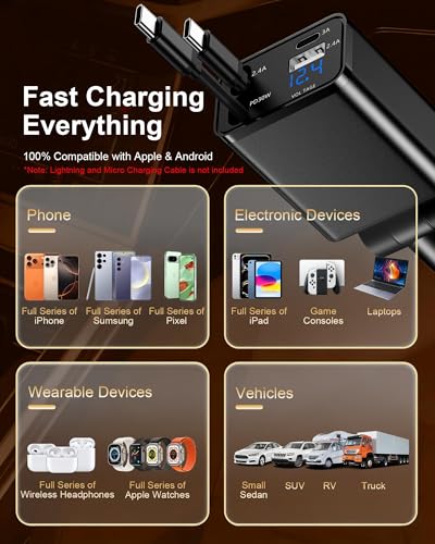 Retractable Car Phone Charger for Samsung S26 Android Fast USB C iPhone 18 - color: Black