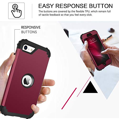 BENTOBEN for iPhone SE 2022 Case and iPhone SE 2020 Phone Case, Heavy Duty 3 in 1 Full Body Rugged Shockproof Hybrid Hard PC Soft Rubber Bumper Protective Girls Women Boy Men Cover, Wine Red/Burgundy - color: Black/Wine Red