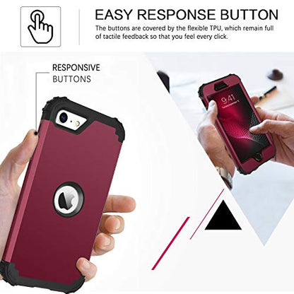 BENTOBEN for iPhone SE 2022 Case and iPhone SE 2020 Phone Case, Heavy Duty 3 in 1 Full Body Rugged Shockproof Hybrid Hard PC Soft Rubber Bumper Protective Girls Women Boy Men Cover, Wine Red/Burgundy - color: Black/Wine Red
