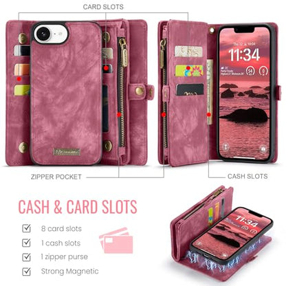 Compatible with iPhone 17E/16E Wallet Case with Magsafe,Red | Magnetic Detachable Case,Card Holder,Zipper Pocket,Strap Wristlet, Soft Leather Drop-Proof Phone Case for iPhone 17E/16E - color: (Detachable and Magsafe)-Red, size: iPhone 16E/17E 6.1 Inch