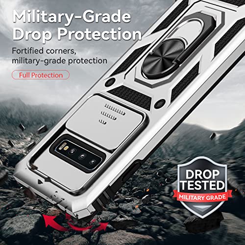 for Samsung Galaxy S10 Plus Case with Camera Lens Cover HD Screen Protector, Military-Grade Drop Tested Magnetic Ring Holder Kickstand Protective Phone Case for Samsung Galaxy S10+ Plus (Silver) - color: Silver with camera cover Military-Grade 2nd gen