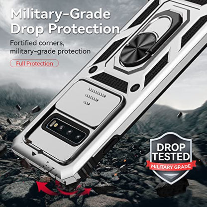 for Samsung Galaxy S10 Plus Case with Camera Lens Cover HD Screen Protector, Military-Grade Drop Tested Magnetic Ring Holder Kickstand Protective Phone Case for Samsung Galaxy S10+ Plus (Silver) - color: Silver with camera cover Military-Grade 2nd gen