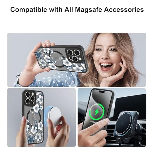 Magnetic for iPhone 15 Pro Case,White Flower | [Compatible with MagSafe] Cute Fashion Translucent Matte Hard Back Shockproof Anti-Scratch Phone Case,Ink Flower - color: Ink Flower, size: iPhone 15 Pro