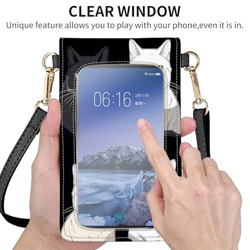 for Women Cell Phone Purse,with Touchscreen Cell Phone Purse,PU Leather Shoulder Bag Waterproof Phone Wallet Case with Clear Touch Screen Window up to 6.7 inch Smartphone, - color: Black White Cute Cats-203