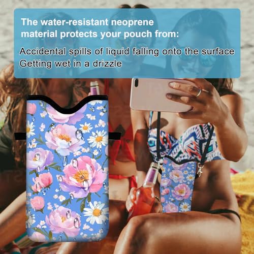 Neoprene Cell Phone Sleeve Pouch Case Bag with Crossbody Strap Neck Lanyard for Women 7.1 X 3.9 in Blue Flower - color: Blue Flower